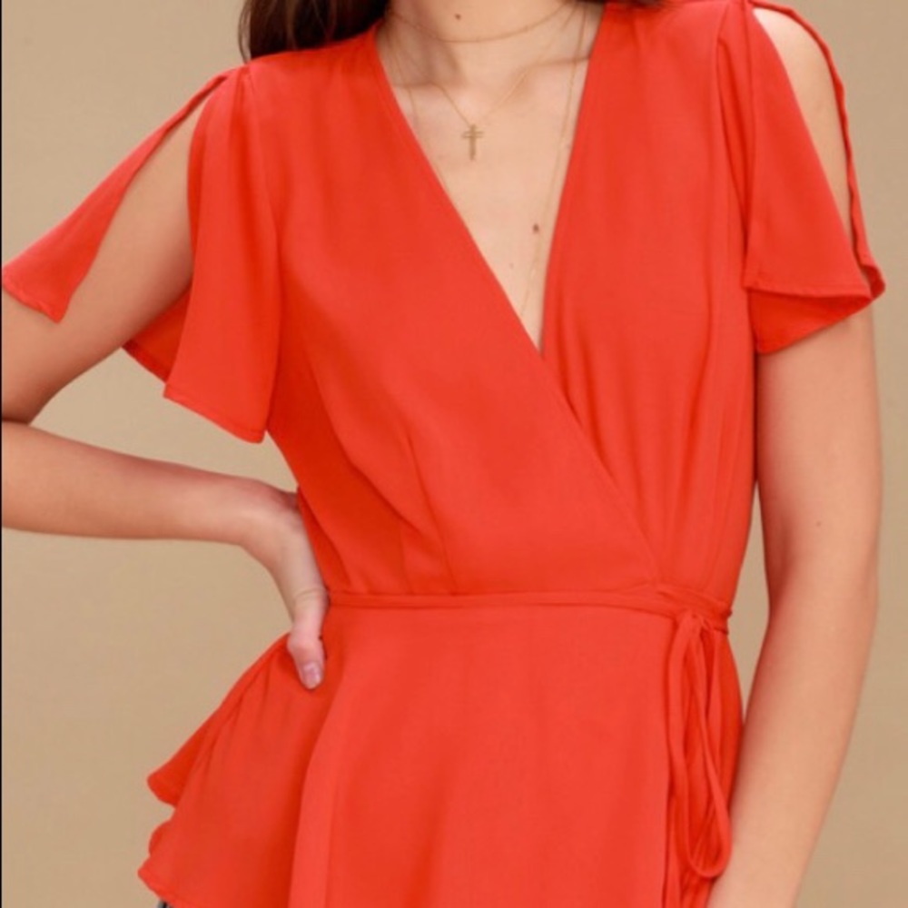 Lulus Coral Red Peplum Wrap Top Size Small